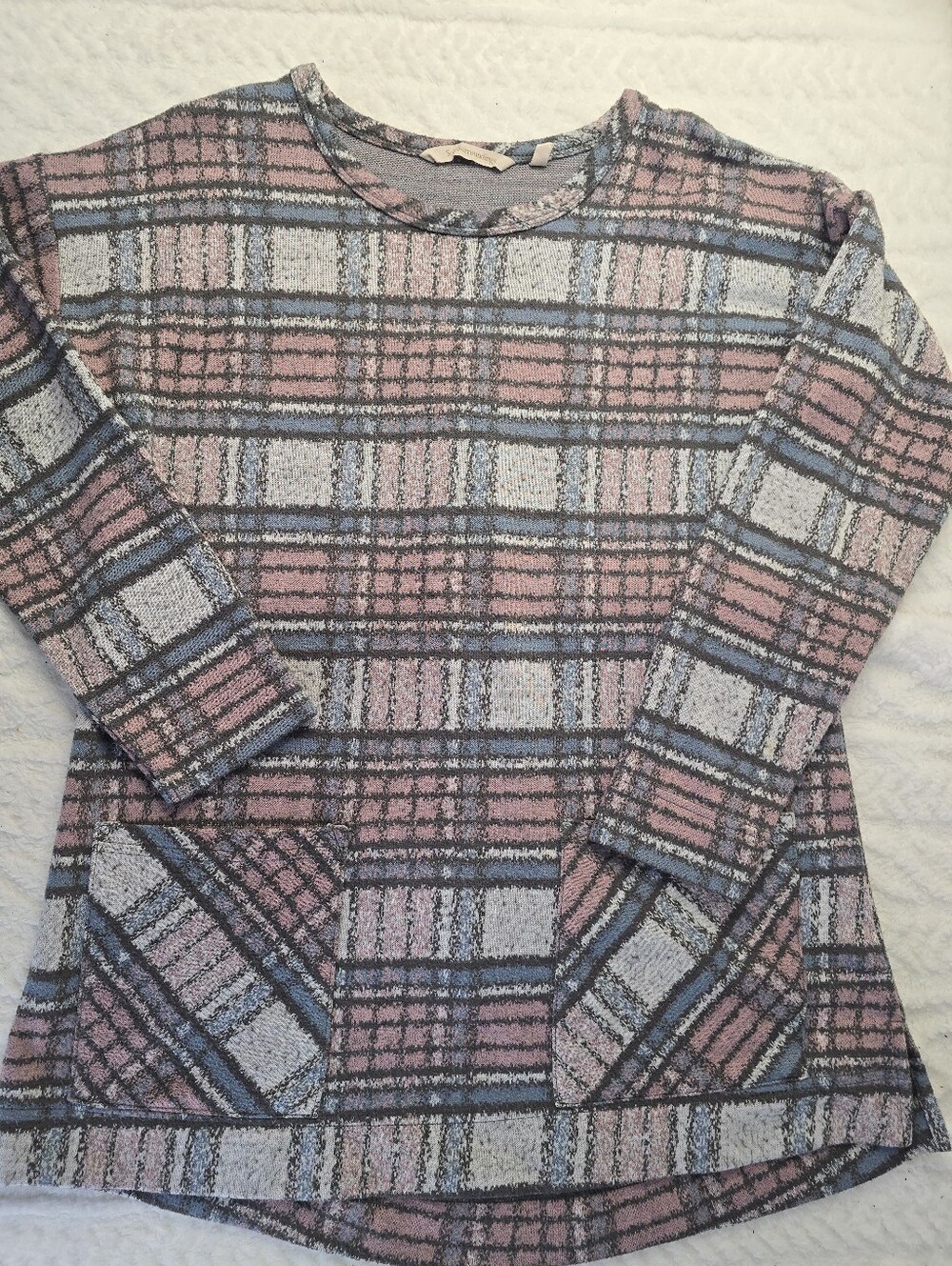 Soft Surroundings Tunic Top Pink Blue Plaid Long Sleeve Scoop Neck Pockets S